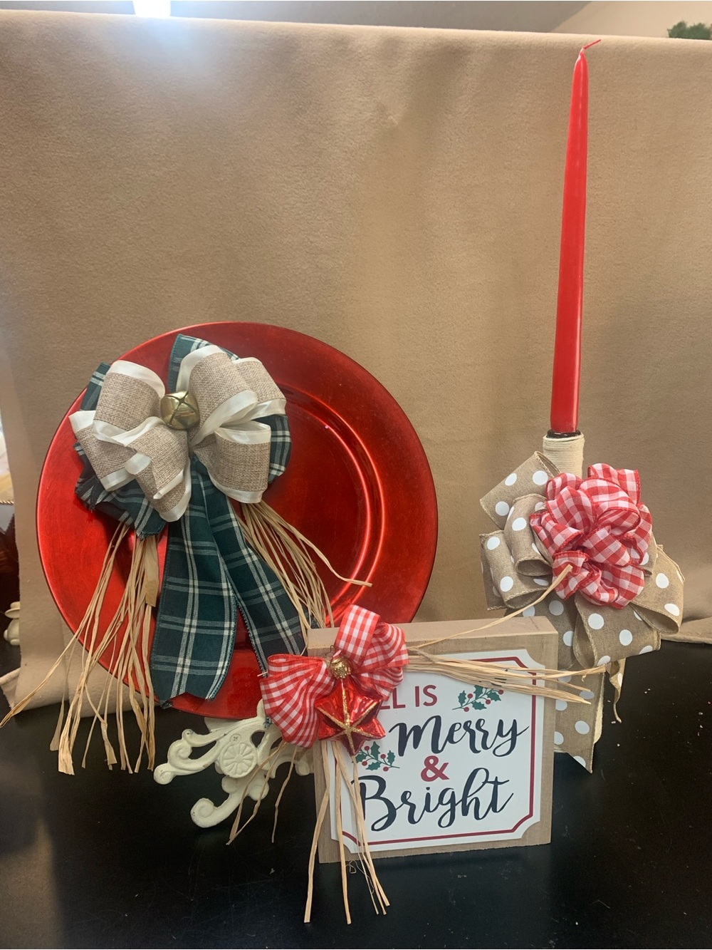 Merry & Bright Holiday Plaque with Red Decorative Charger and Ribbon Accents